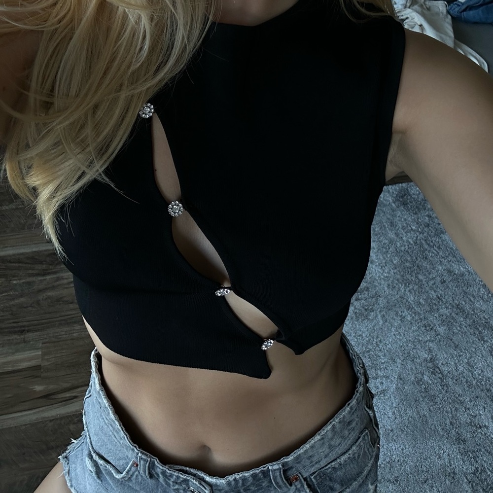 Black crop top with rhinestones Zara
